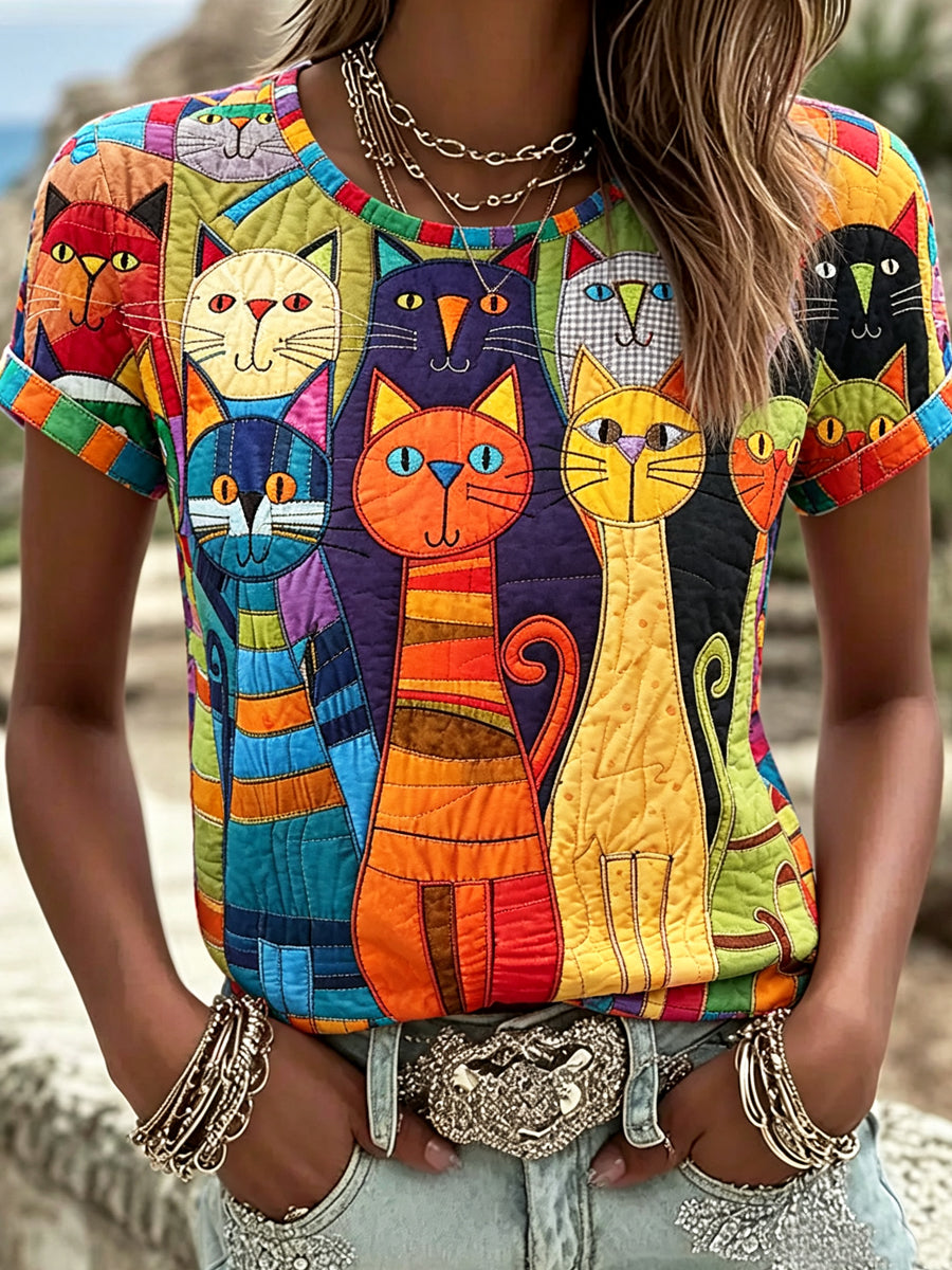 Women's Geometric Group Cat Printed Vintage Fashion Loose Short Sleeve T-Shirt