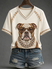 Women's Glam Bulldog Print Casual T-Shirt
