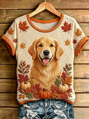 Women's Autumn Dogs Print Casual Tee