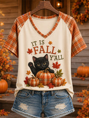 Women's Fall Season Cute Cat Pumpkin Plaid Print Casual V-Neck Tee