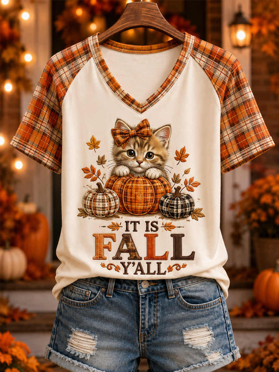 Women's Fall Season Cute Cat Pumpkin Plaid Print Casual V-Neck Tee