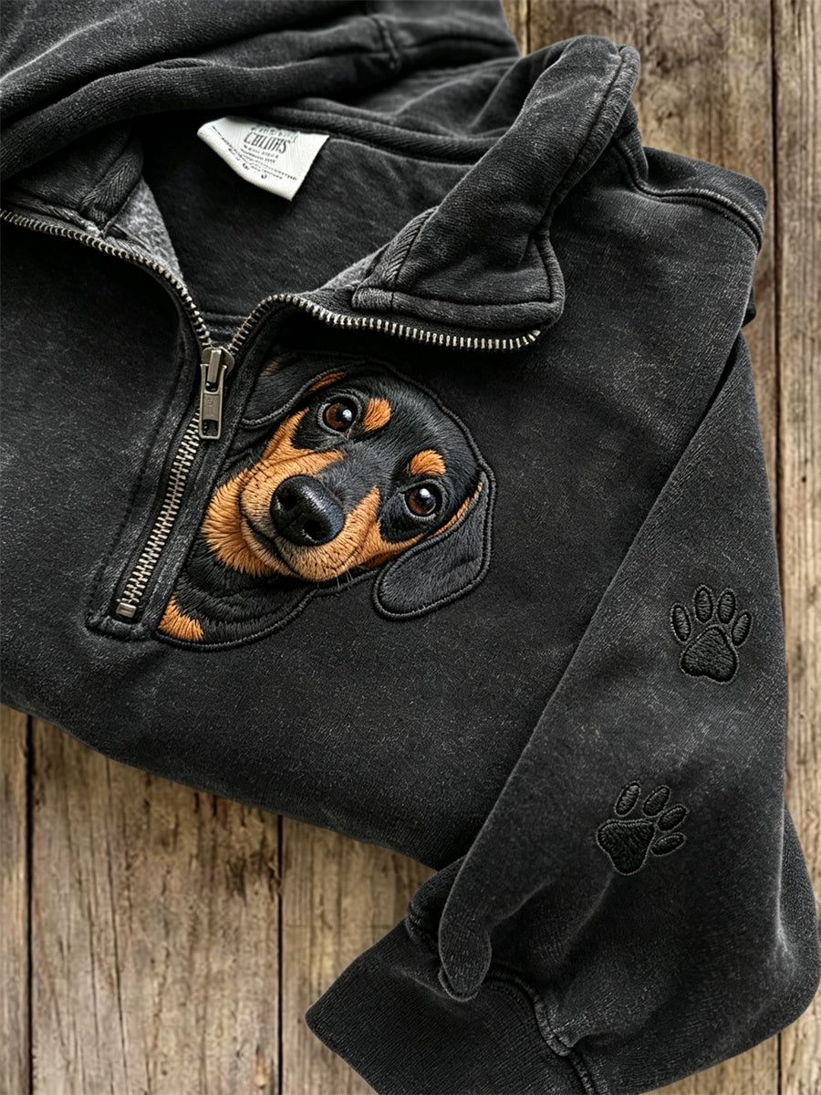 Women's Peeking Dachshund Dog & Paw Prints Zip Up Sweatshirt