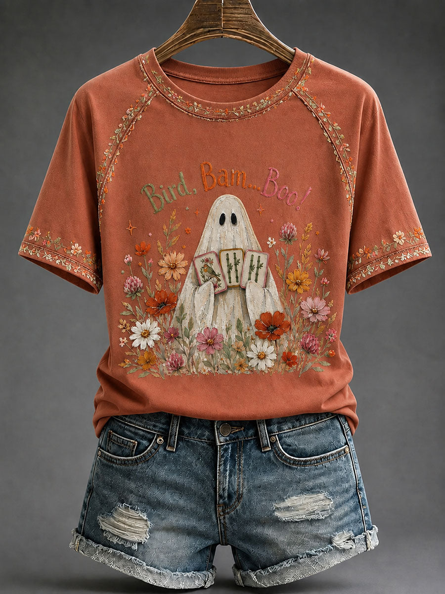 Women's Halloween Mahjong Night Printed Casual T-Shirt