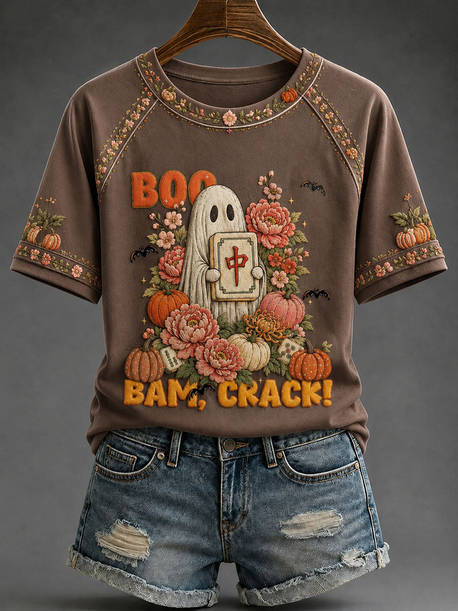 Women's Halloween Mahjong Night Printed Casual T-Shirt