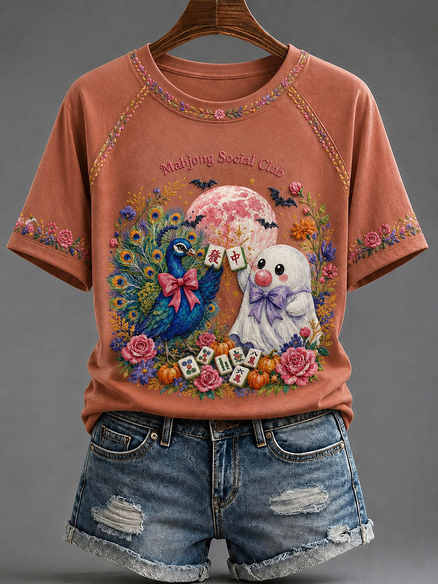 Women's Halloween Mahjong Night Printed Casual T-Shirt