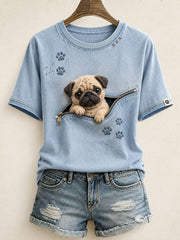 Women's Cute Pug Felt Art T-Shirt