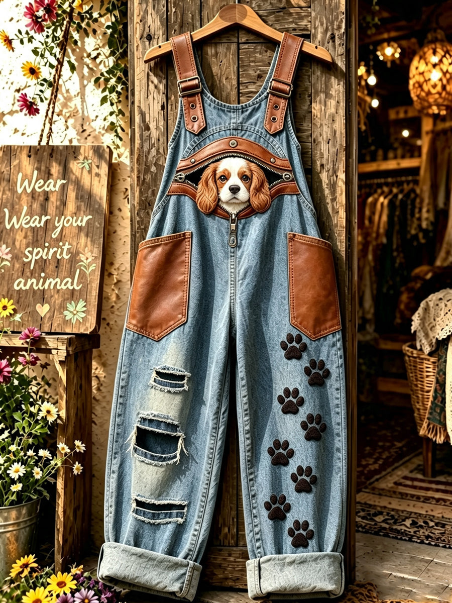Women's Animal Dog Zipper Art Printed Strap Pants