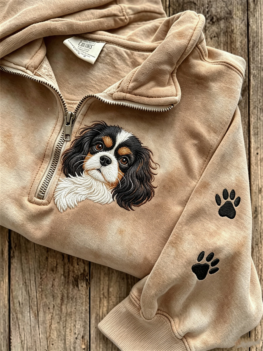 Women's Peeking King Charles Dog & Paw Prints Print Zip Up Sweatshirt