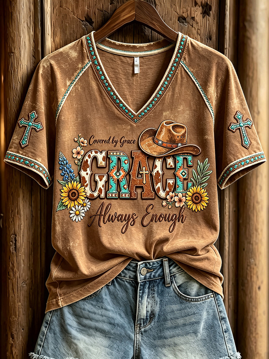 Women's Western Christian Grace Always Enough Print V-neck Short-sleeved T-shirt