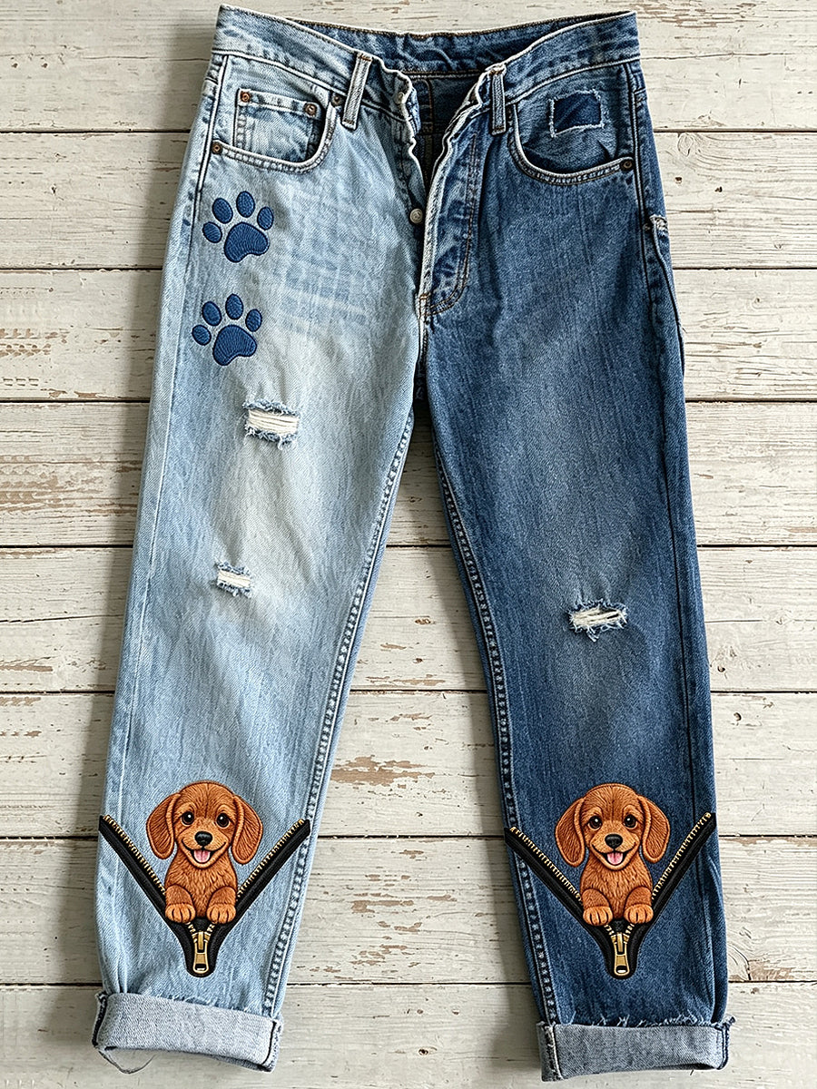 Women's Animal Dog Zipper Art Print Jeans