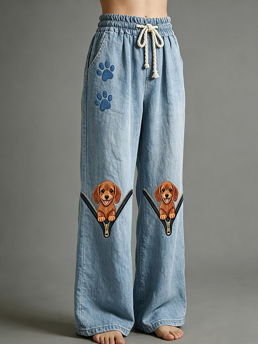 Women's Animal Dog Zipper Art Print Pant