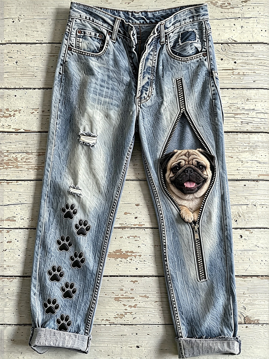 Women's Animal Dog Zipper Art Print Jeans