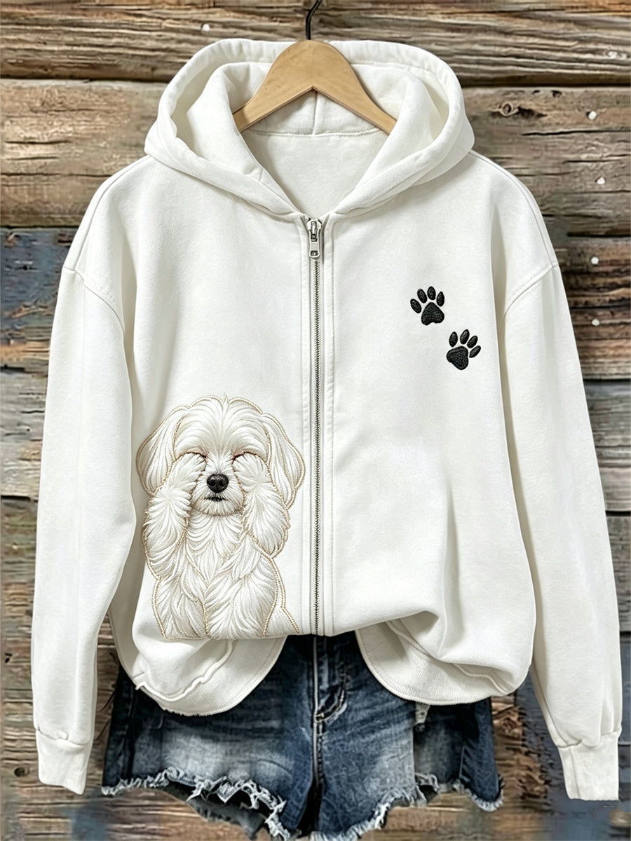 Women's Funny Helpless Maltese Dog & Paw Print Full Zip Cozy Hoodie