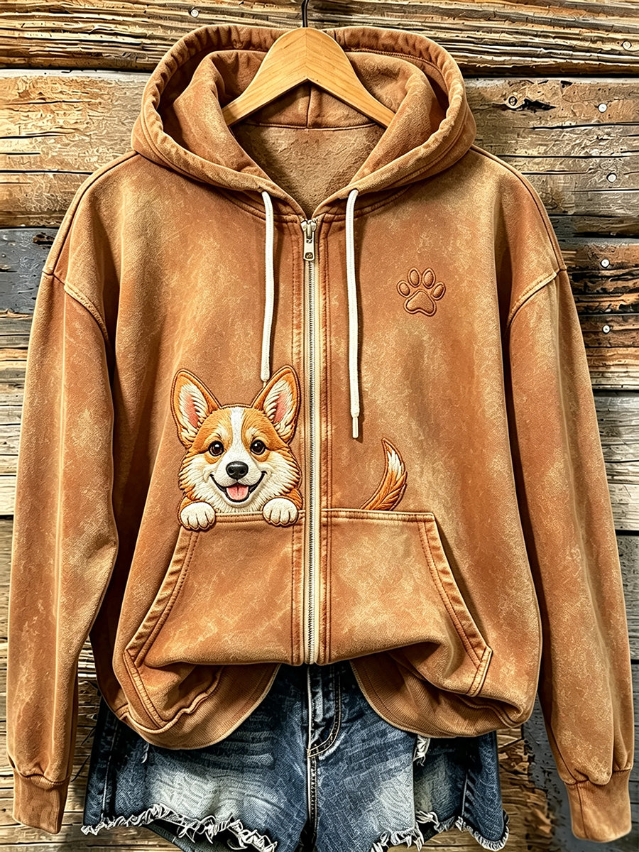 Women's Cute Corgi with Paw Print Zip-Up Cozy Hoodie