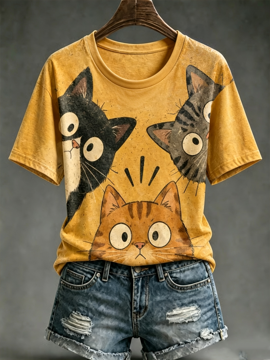 Women's Cute cat print short-sleeved T-shirt
