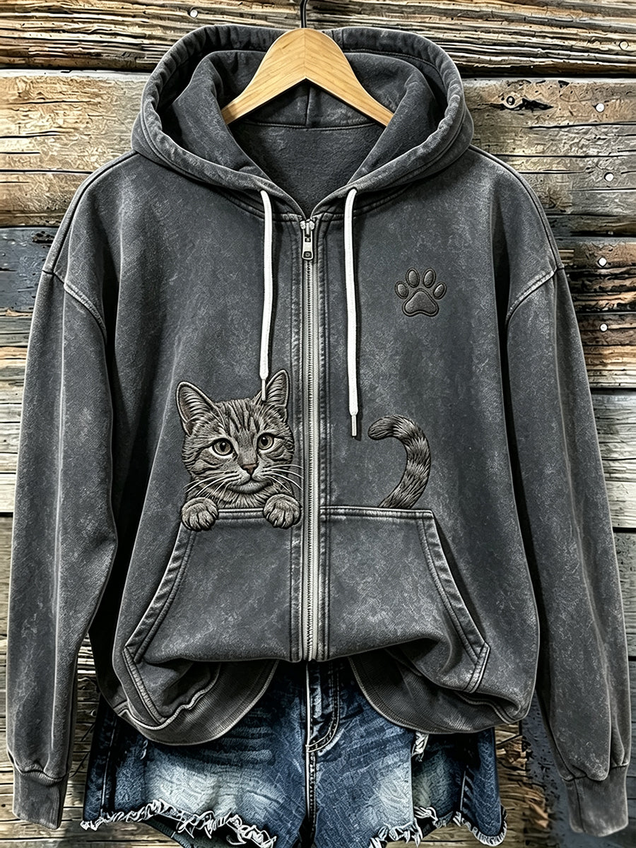 Women's Cute Cat & Paw Print Vintage Cozy Zip-Up Hoodie
