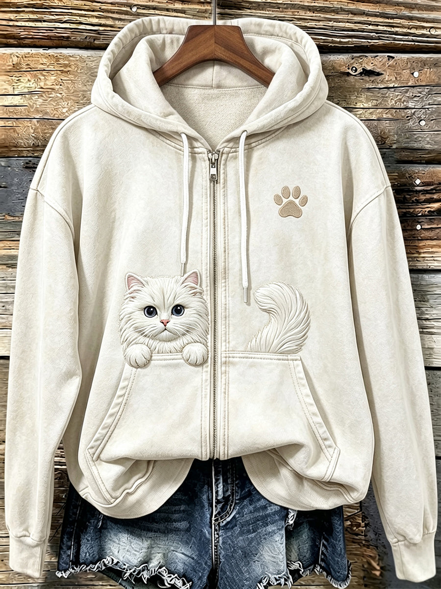Women's Cute Cat & Paw Print Vintage Cozy Zip-Up Hoodie