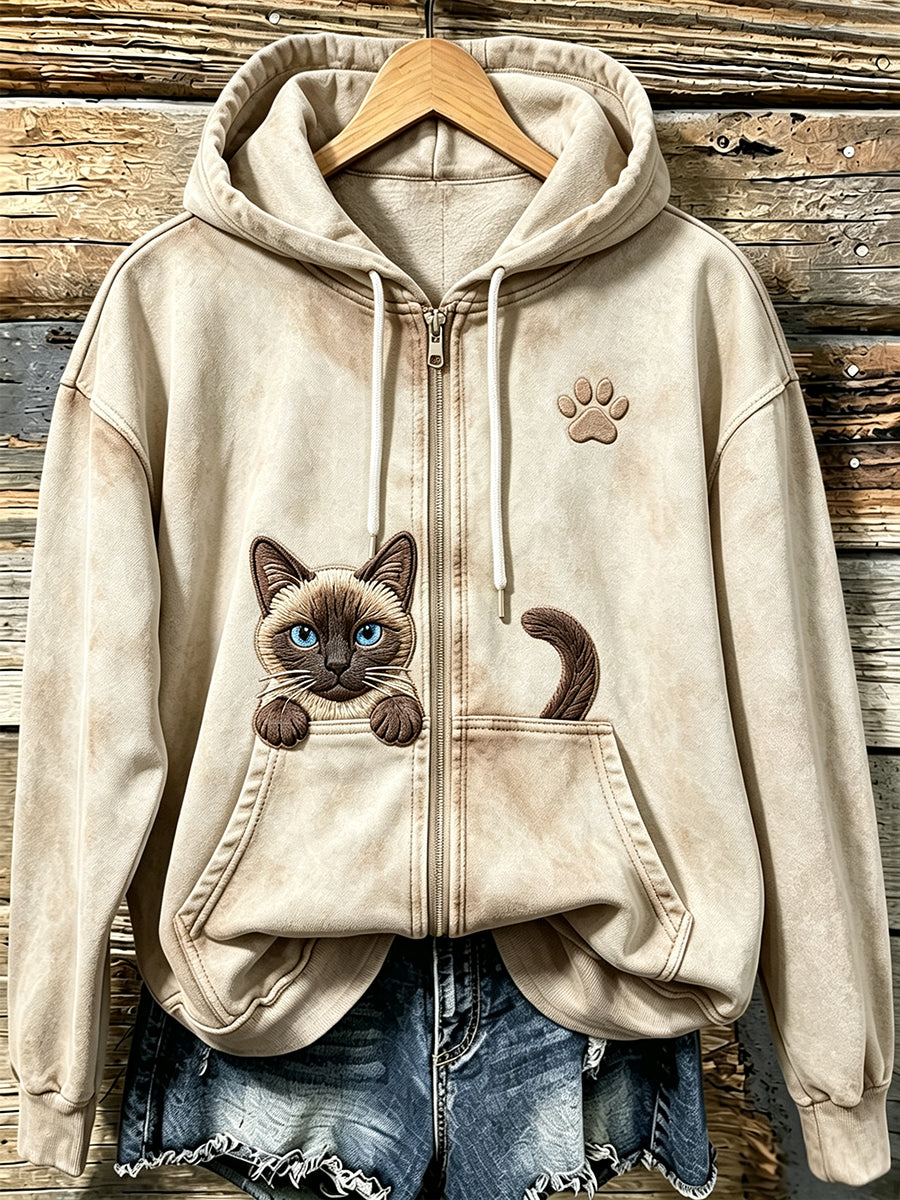 Women's Cute Cat & Paw Print Vintage Cozy Zip-Up Hoodie