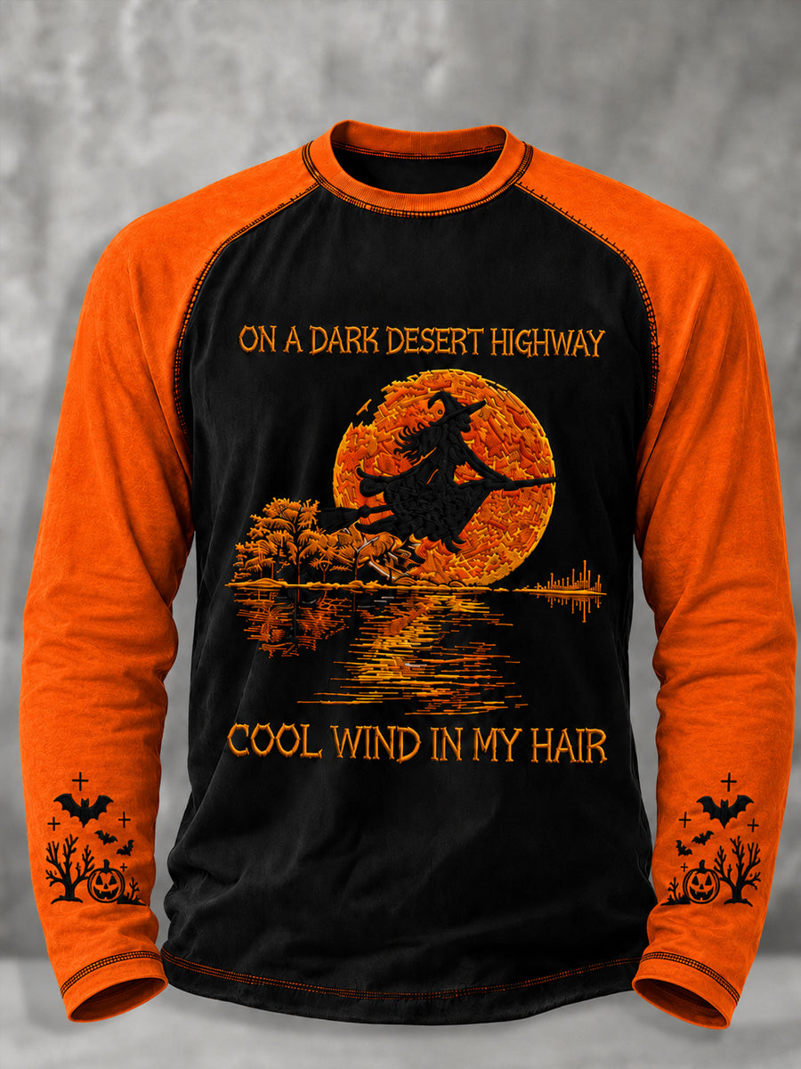 Men's Halloween Witch Pumpkin Bat Printed Long Sleeve T-Shirt