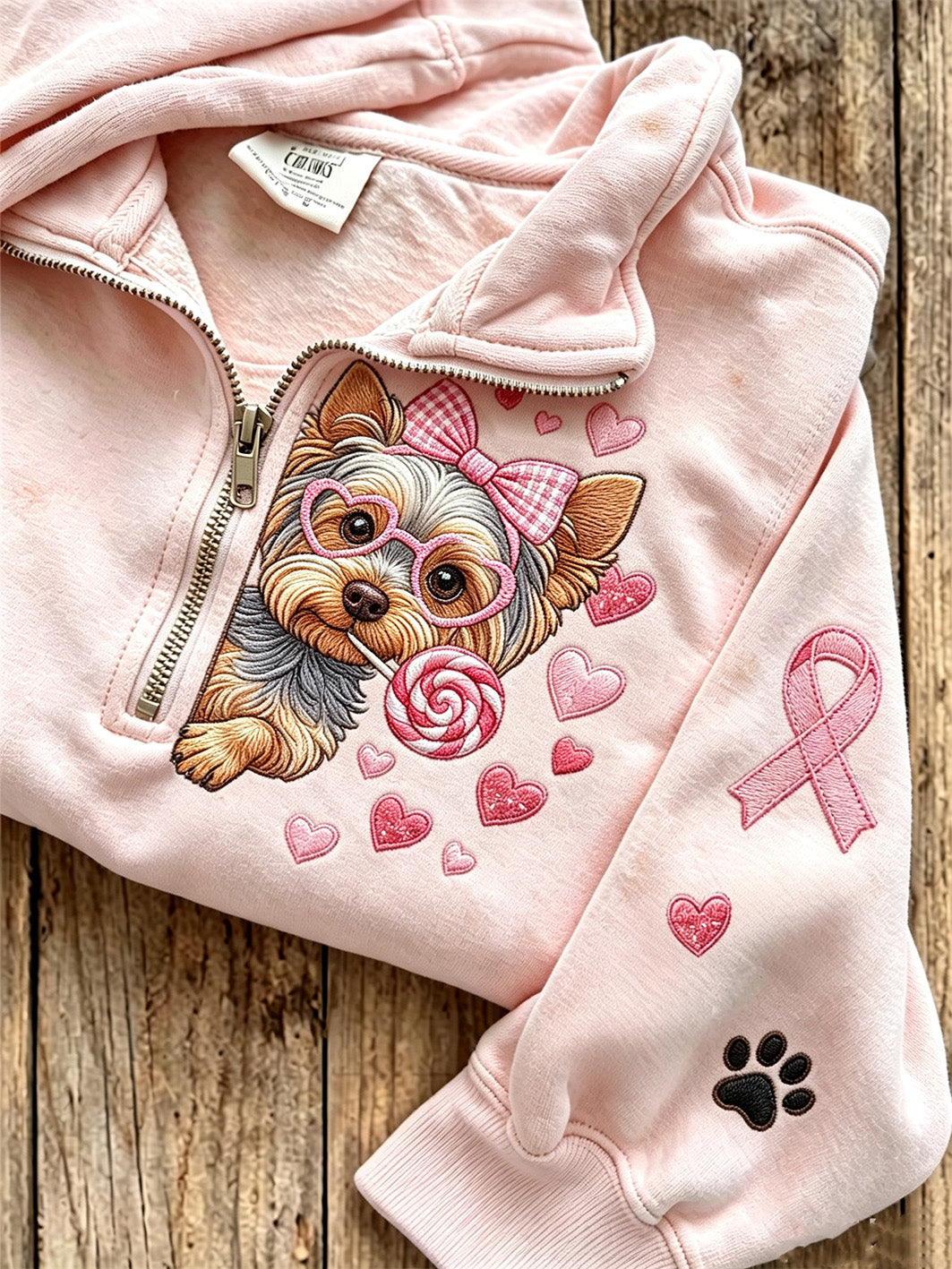 Women's Breast Cancer Themed Cute Dog Pattern Prints Casual Half-Zipper Sweatshirt