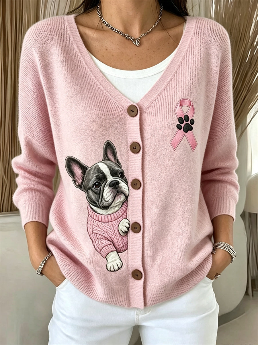 Women's Peeking French Bulldog Pink Ribbon Breast Cancer Awareness Cozy Cardigan