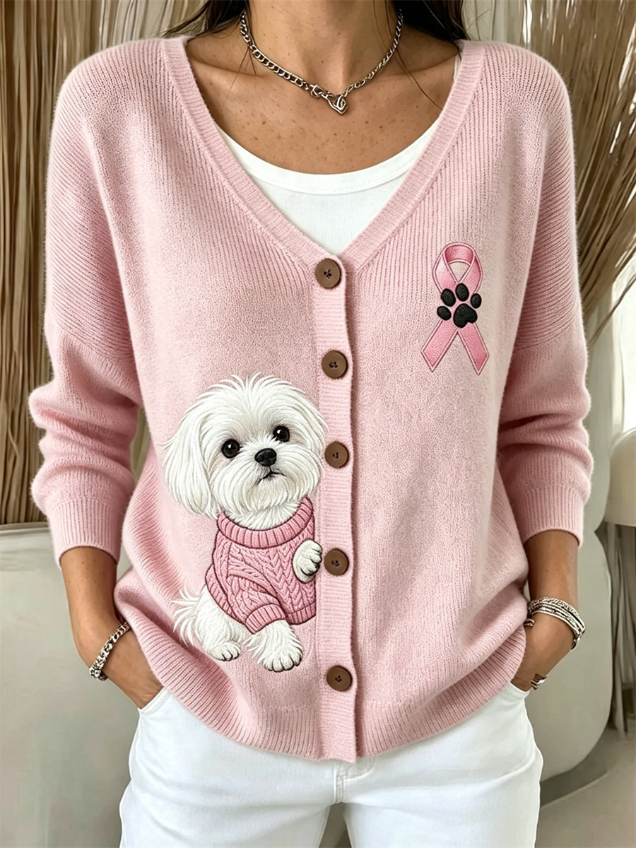 Women's Peeking Maltese Dog Pink Ribbon Breast Cancer Awareness Cozy Cardigan