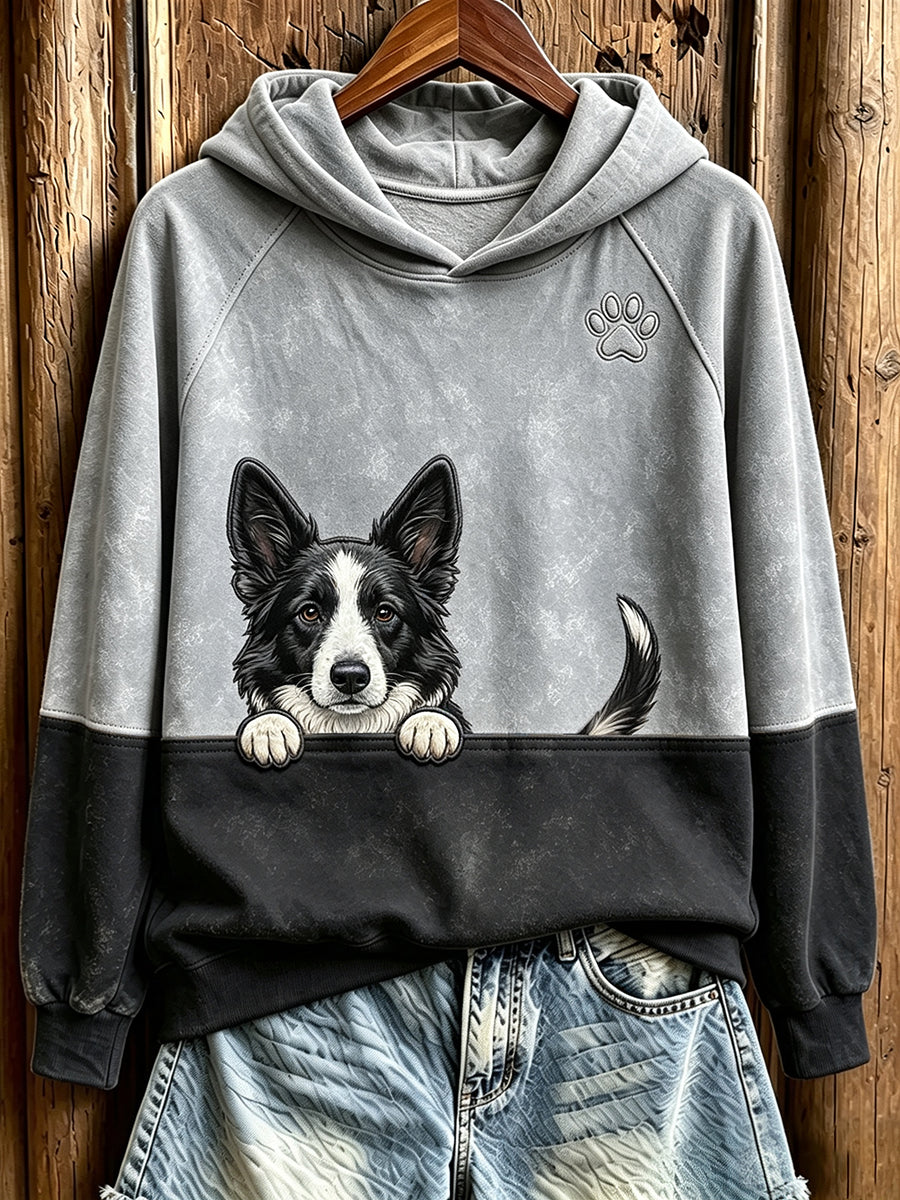 Women's Peeking Border Collie & Paw Print Contrast Color Cozy Sweatshirt