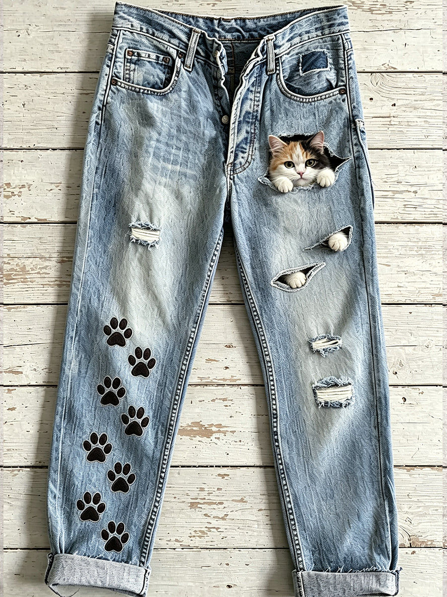 Women's Animal Cat Art Print Flared Trousers