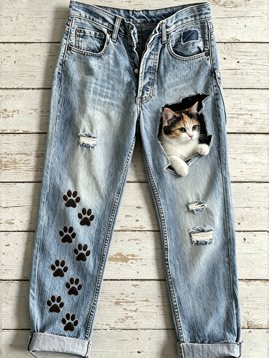 Women's Animal Cat Art Print Flared Trousers