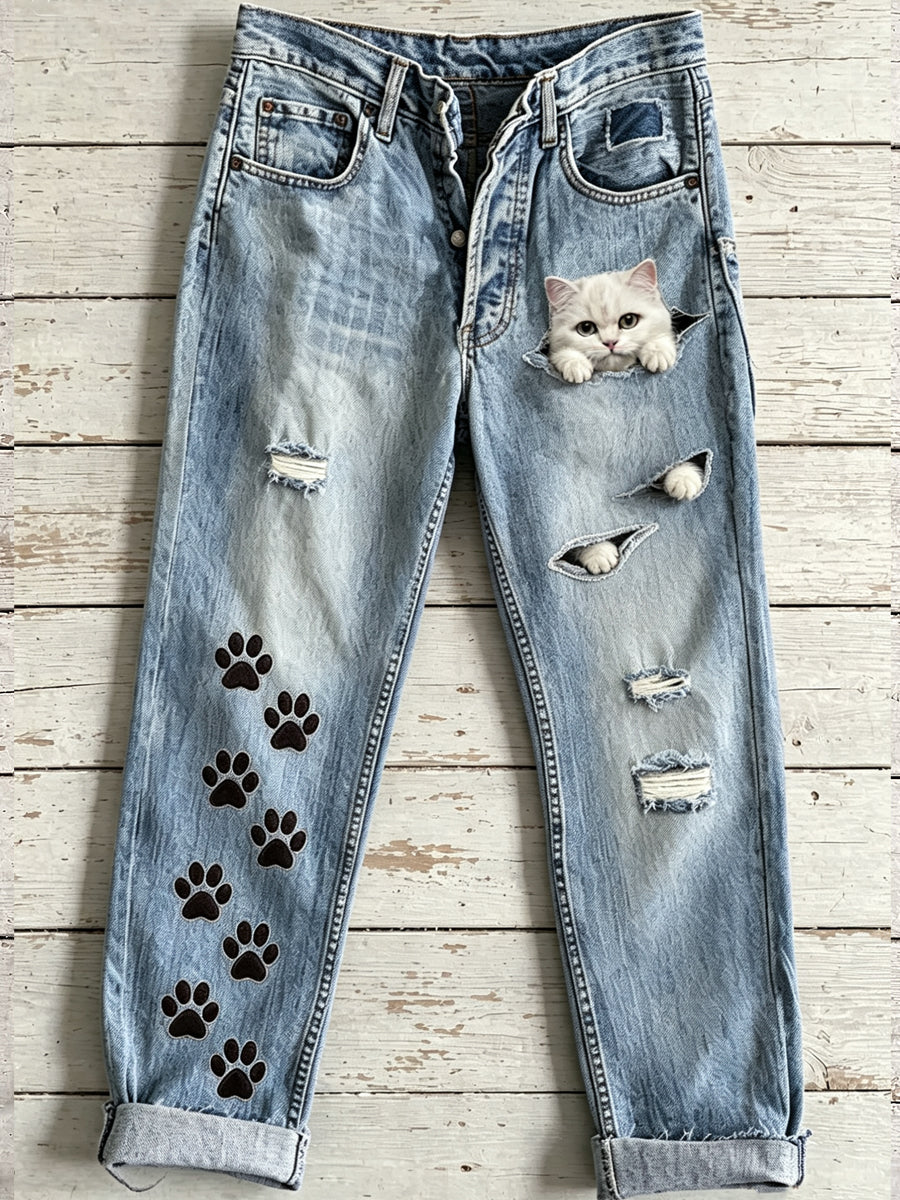 Women's Animal Cat Art Print Flared Trousers