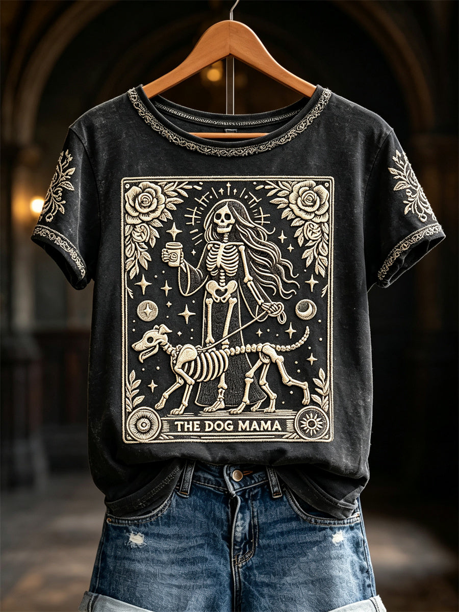 Women's The Dog Mama Skeleton Halloween Mystical Art Print short-sleeved T-shirt