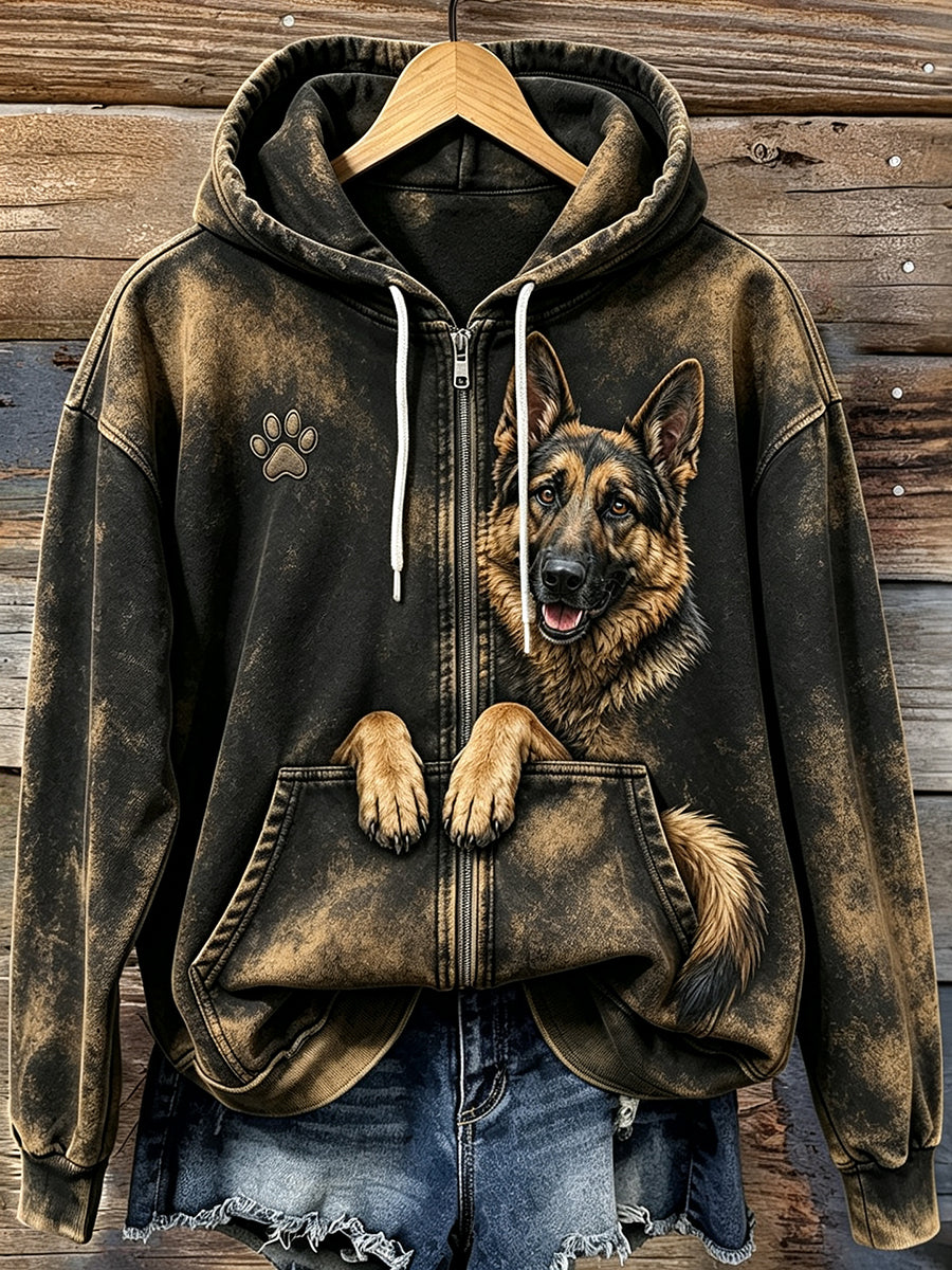Women's Cute Peeking German Shepherd & Paw Print Cozy Zip-Up Hoodie