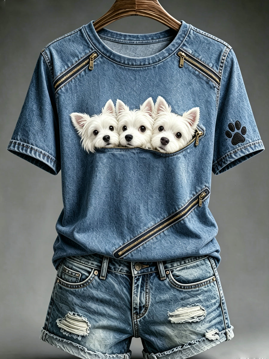 Women's Animal Dog Zipper Printed Vintage Fashion Loose Short Sleeve T-Shirt