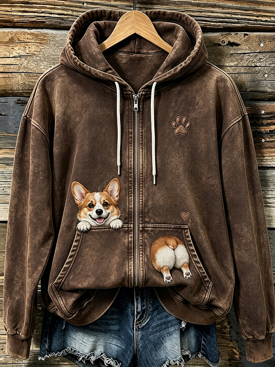 Women's Cute Peeking Corgi & Paw Print Cozy Zip-Up Hoodie