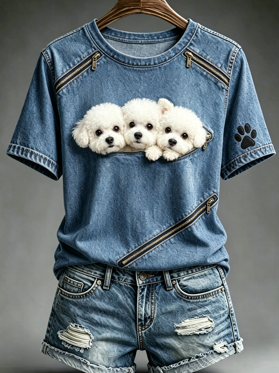 Women's Animal Dog Zipper Printed Vintage Fashion Loose Short Sleeve T-Shirt