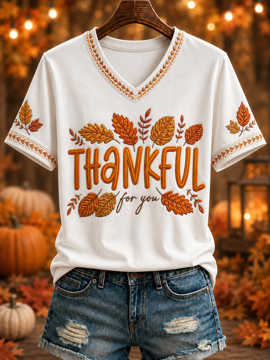 Women's “THANKFUL for you” Printed V-neck T-shirt