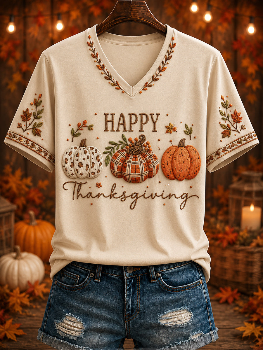 Women's “HAPPY Thanksgiving” Printed V-neck T-shirt
