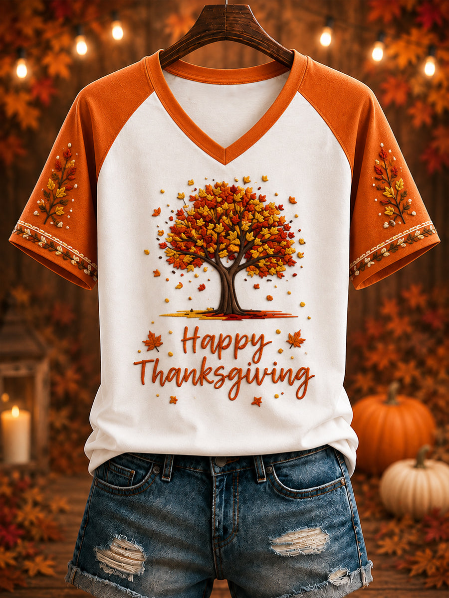 Women's “HAPPY Thanksgiving” Printed V-neck T-shirt