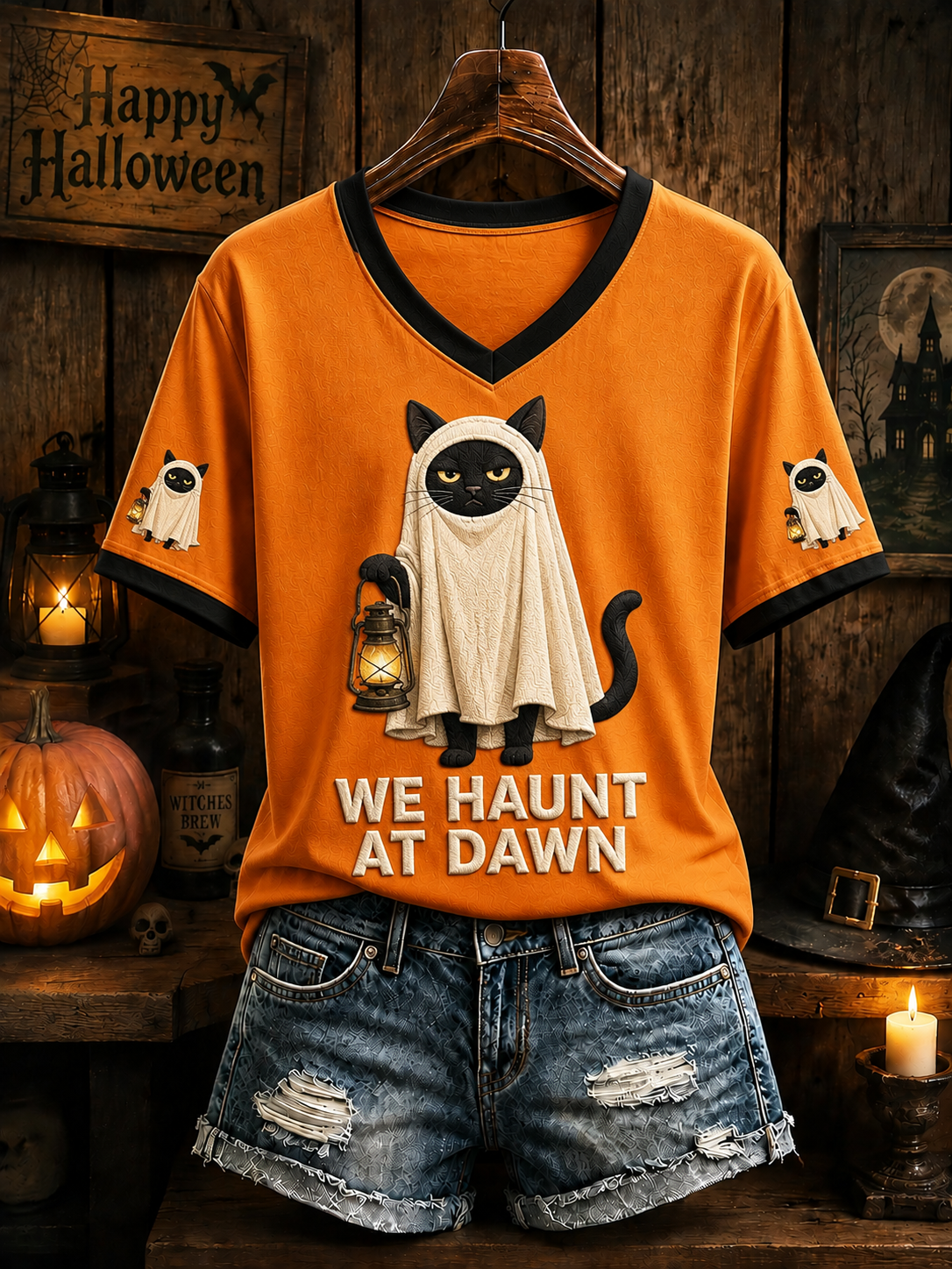 Women's Halloween Cat Short-sleeved T-shirt