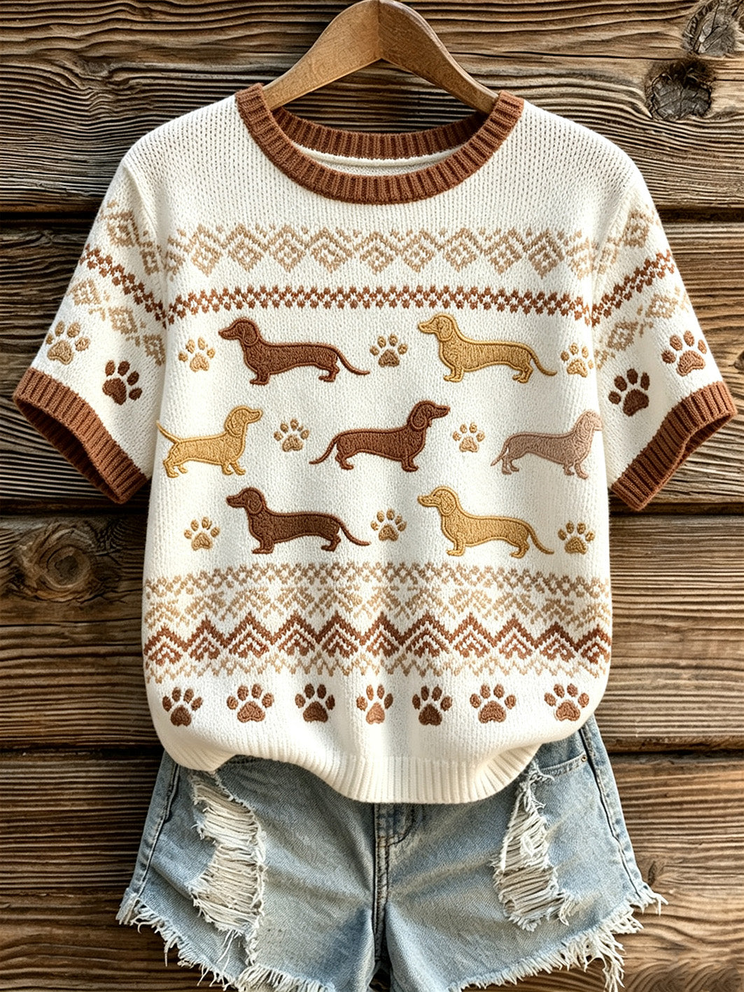 Women's cute dog pattern casual short-sleeve sweater