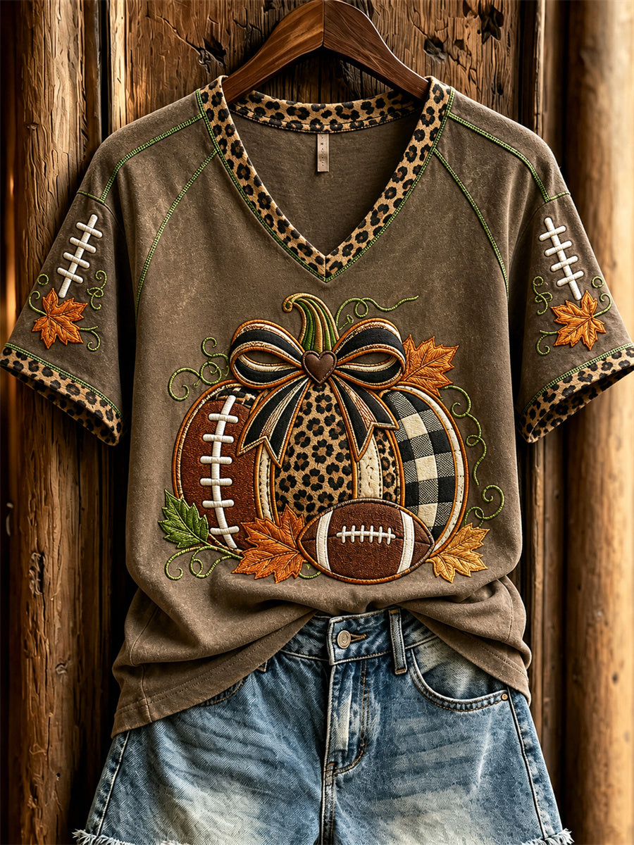 Women's Vintage Football Inspired Fall Pumpkin Print short-sleeved T-shirt