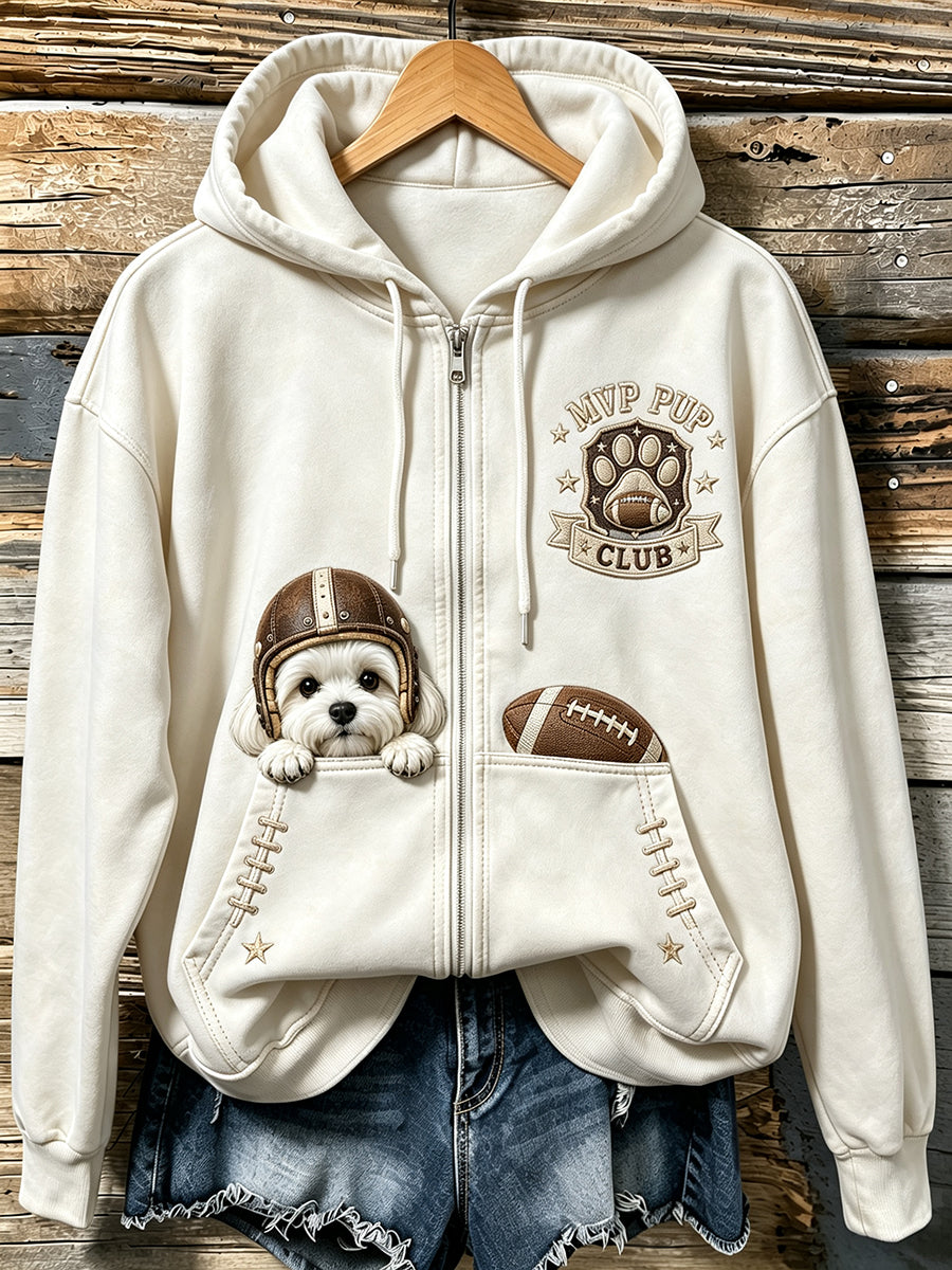 Women's Cute Football Maltese Print Cozy Zip-Up Hoodie