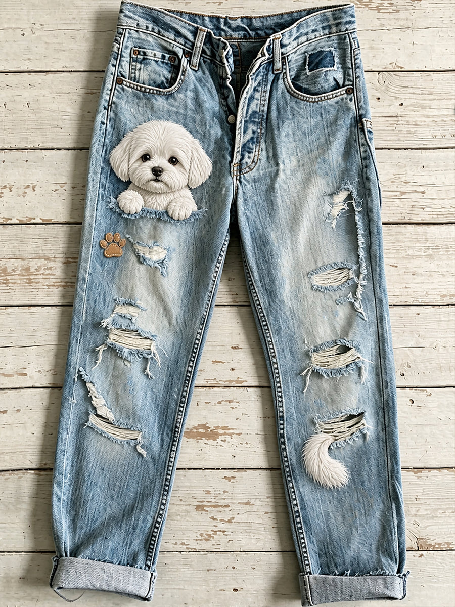 Women's Casual Jeans with Vintage Animal Art Print