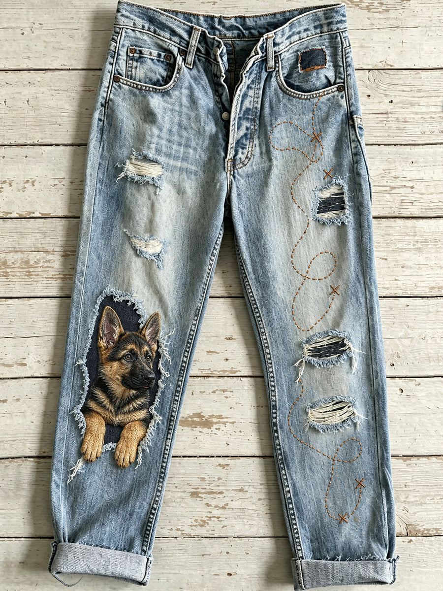 Women's Casual Jeans with Vintage Animal Art Print