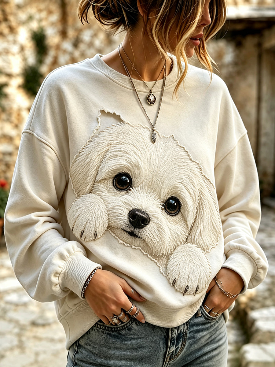 Women's Cute Peeking Maltese Dog Print Cozy Sweatshirt