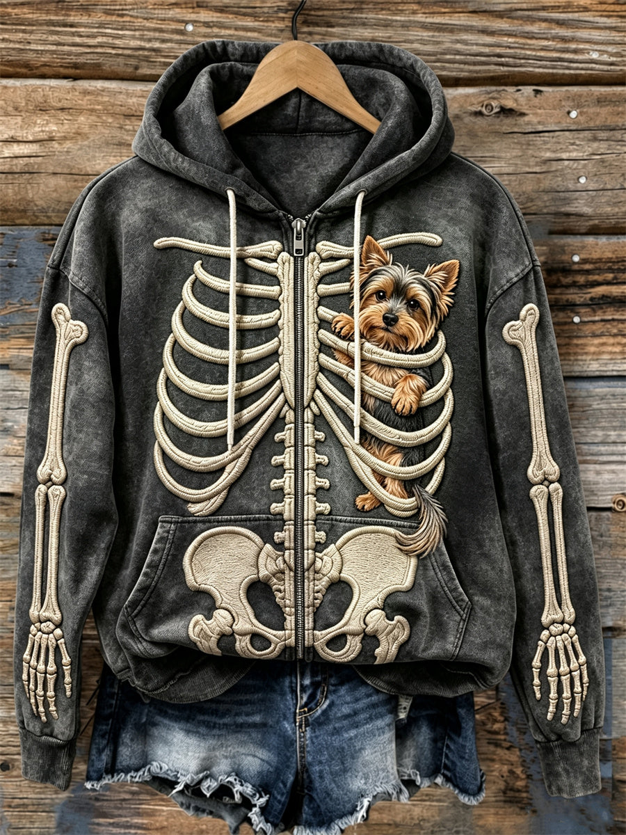 Women's Hanging Peeking Yorkshire Dog Skeleton Print Full Zip Hoodie
