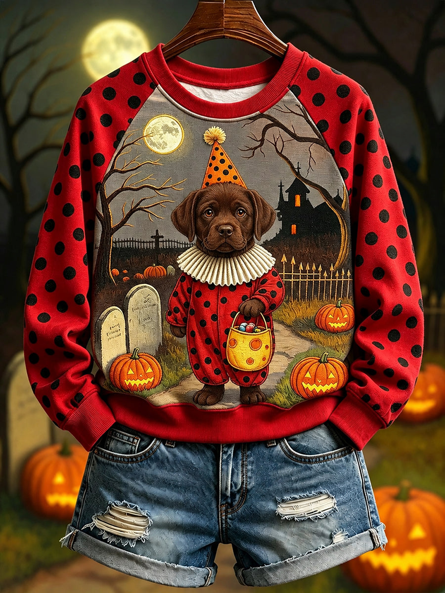 Women's Labrador Retriever in Clown Costume for Halloween Print Raglan Sleeve Sweatshirt
