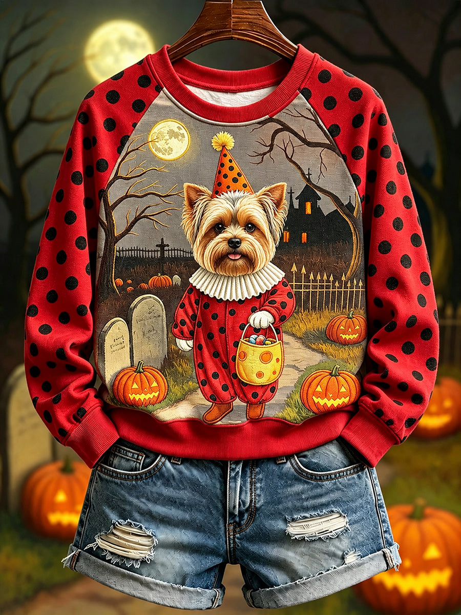 Women's Yorkshire Terrier in Clown Costume for Halloween Raglan Sleeve Sweatshirt