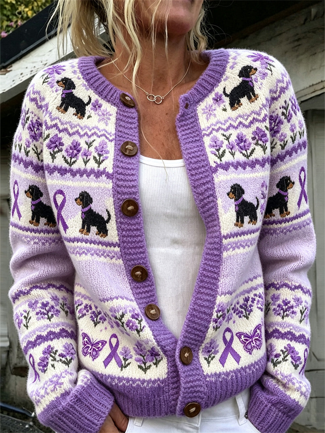 Women's cute dog with purple charity ribbon pattern printed casual cardigan