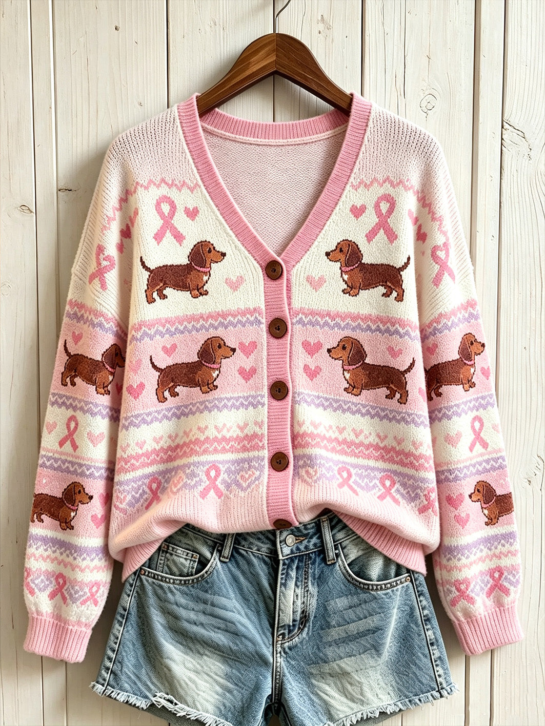 Women's cute dog and pink charity ribbon pattern printed casual cardigan